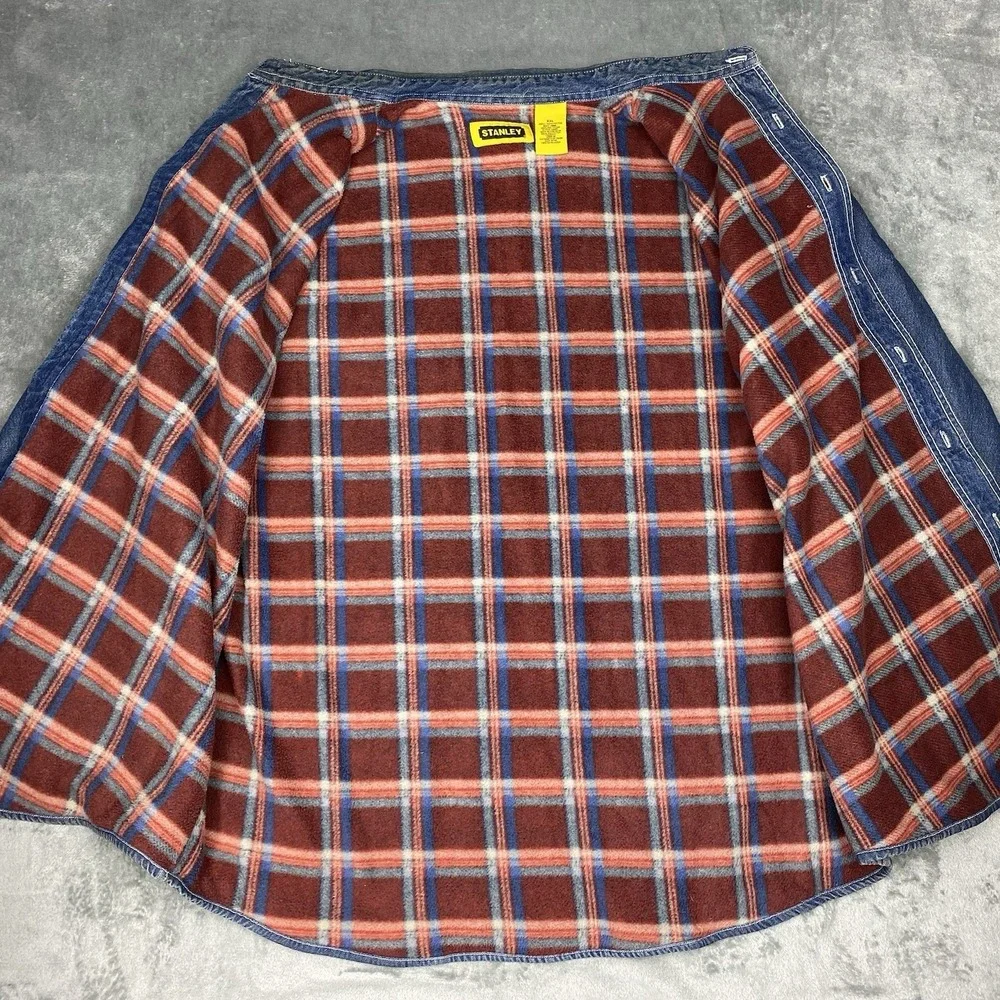 Vtg Stanley Denim Shirt Jacket Mens Sz XXL Blue Plaid Fleece Lined Work Thrashed